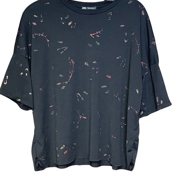 Zara short sleeve shirt black tee sparkly red metallic flowy loose fit size L - Picture 1 of 5